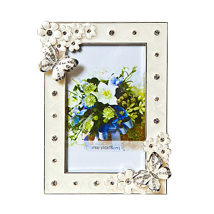 Фоторамка Platinum PF 10565N 10x15 бабочки и цветы белая металлическая со стразами (6/24) фото